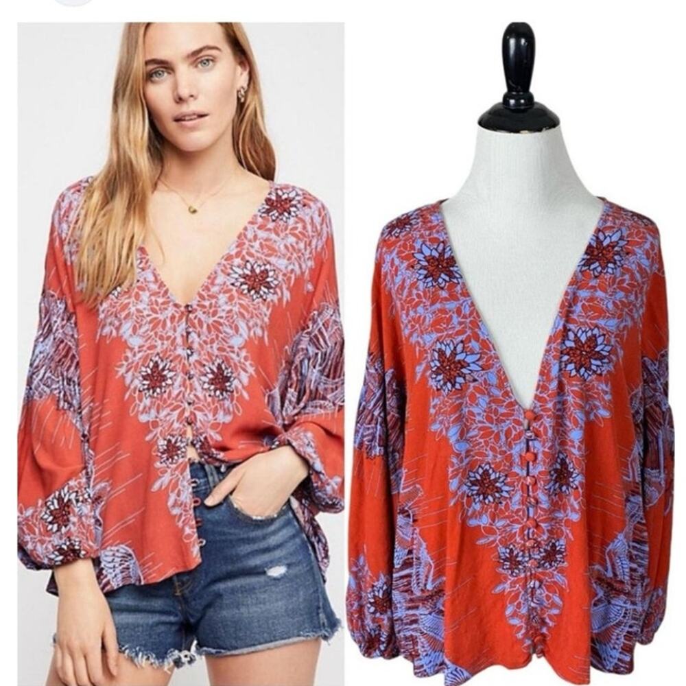 Free People Birds Feather Boho Bohemian Red Blue Blouse Retro 70s Paisley XS